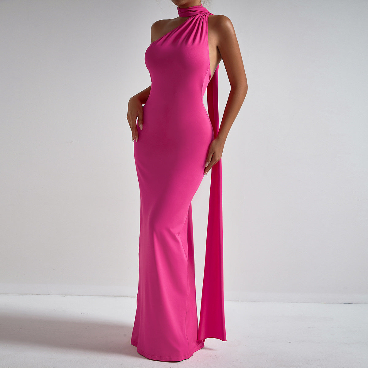 Halter neck pleated irregular evening dress