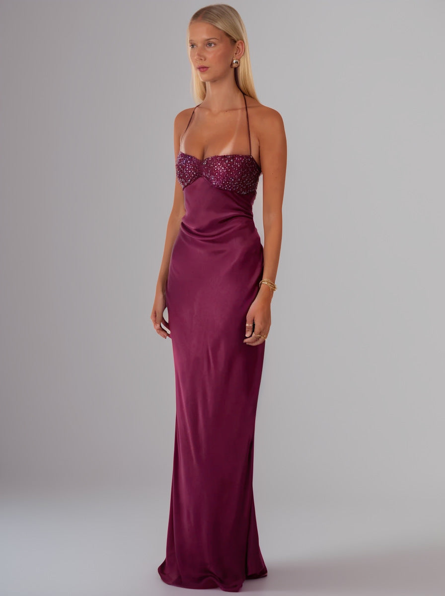 Sequined Satin Solid Color Open Back Tie Hip Dress