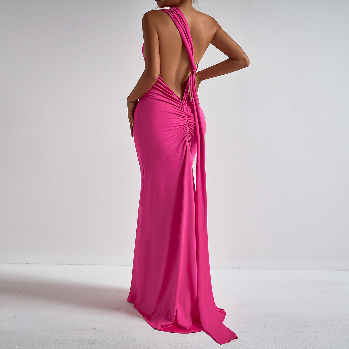 Halter neck pleated irregular evening dress