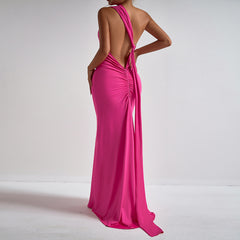 Halter neck pleated irregular evening dress