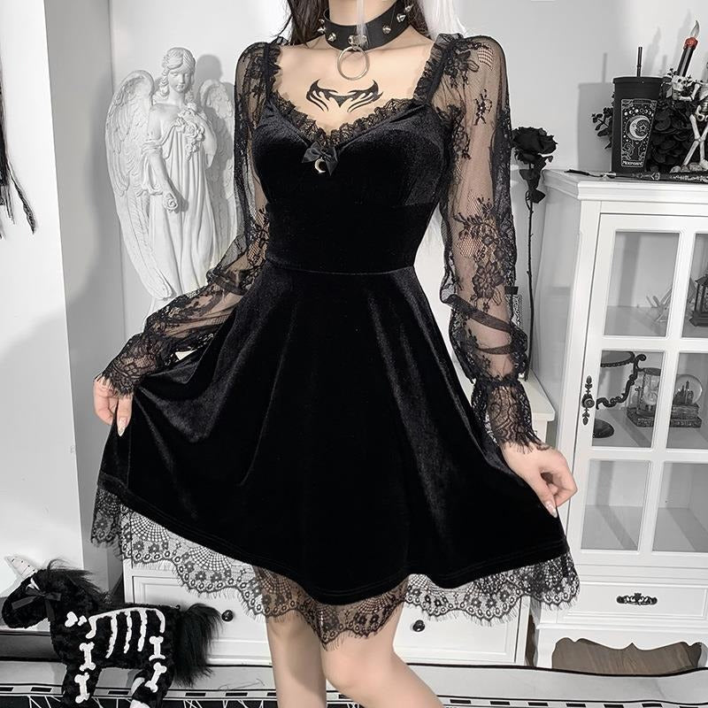 Lace Patchwork Ruffle Waist Dress