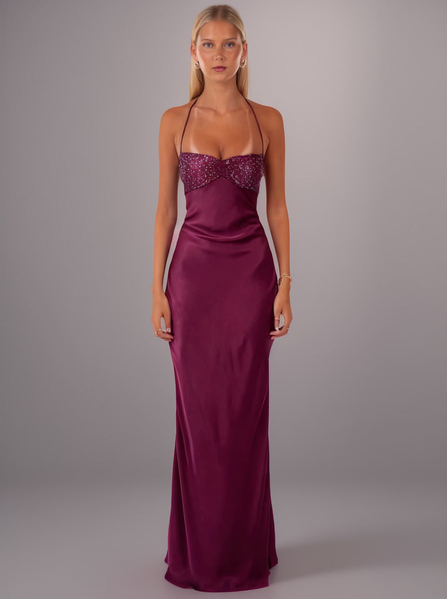 Sequined Satin Solid Color Open Back Tie Hip Dress