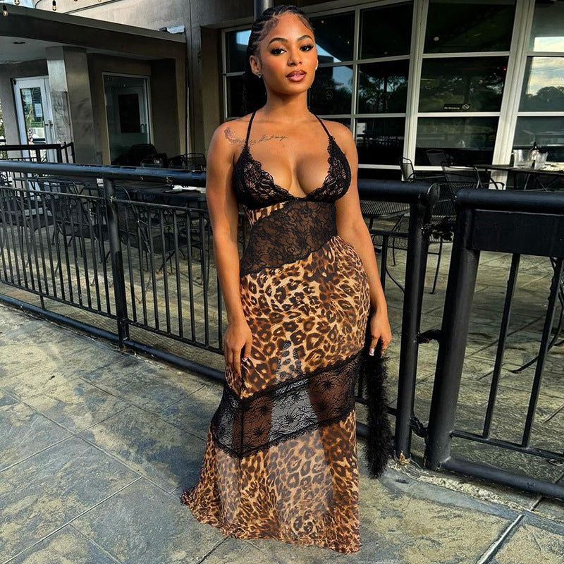 Leopard print lace deep V suspender fishtail maxi dress
