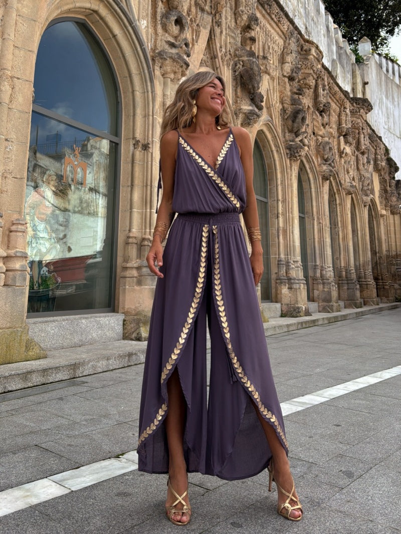 Gold ribbon trim waist V-neck loose jumpsuit