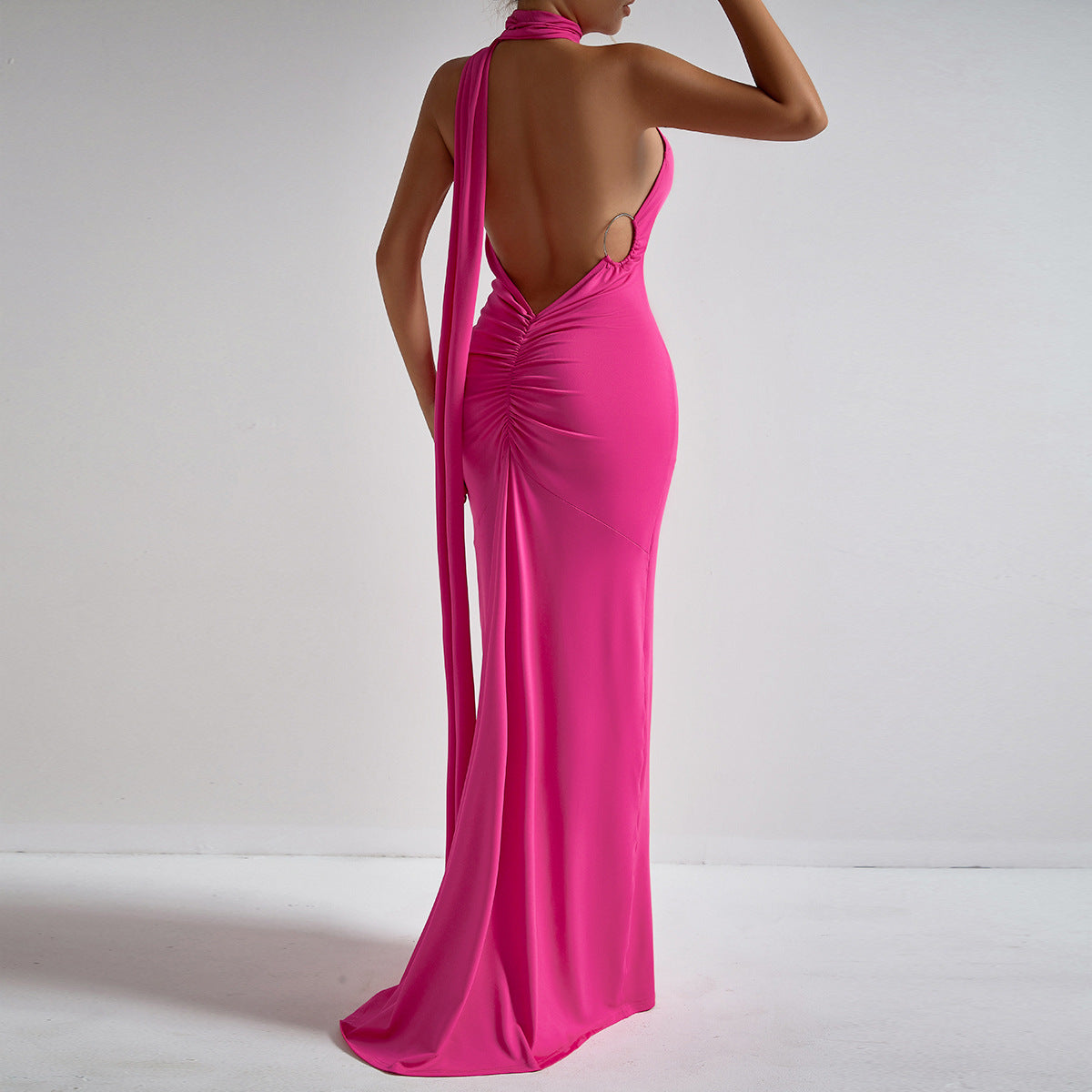 Halter neck pleated irregular evening dress