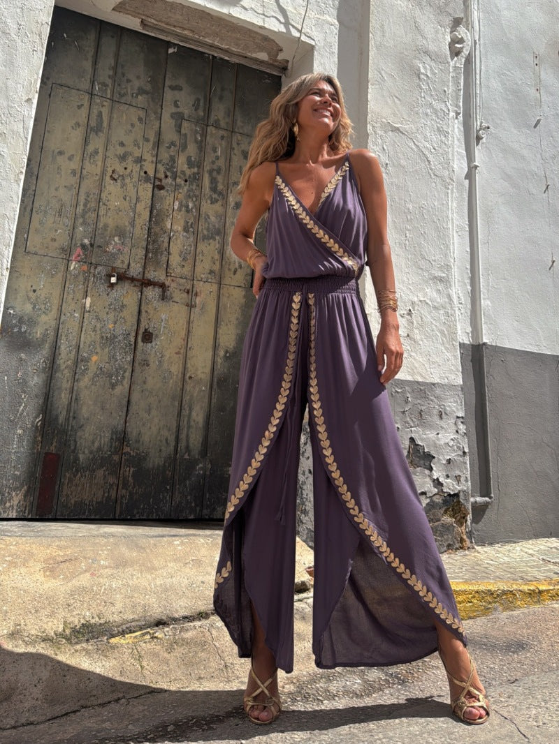 Gold ribbon trim waist V-neck loose jumpsuit
