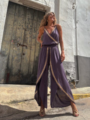 Gold ribbon trim waist V-neck loose jumpsuit