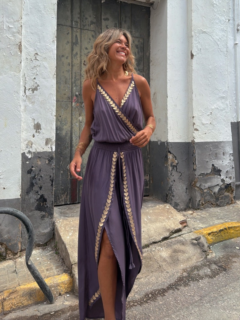 Gold ribbon trim waist V-neck loose jumpsuit
