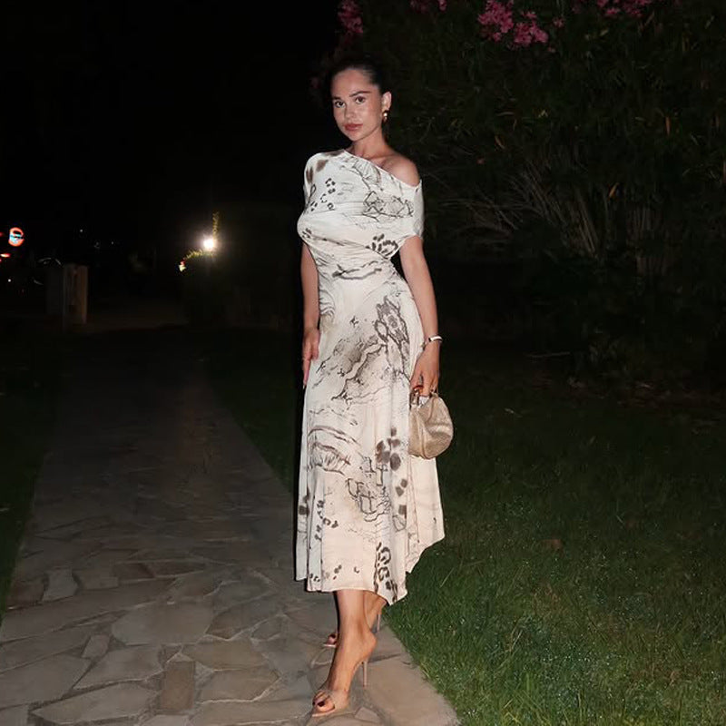 Off-shoulder printed dress with slanted neckline