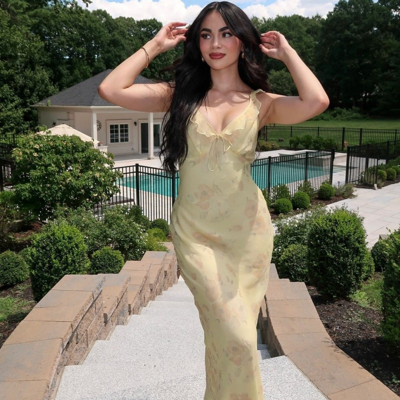 Holiday style ruffled suspender dress