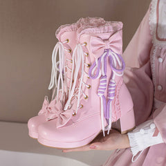 Pastel Bow Lace up Boots