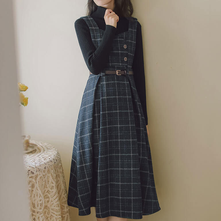 Plaid Woolen Strap Dress