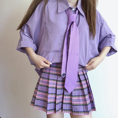 Purple Shirt Plaid Pleated Skirt Set