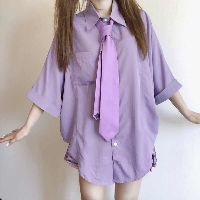 Purple Shirt Plaid Pleated Skirt Set