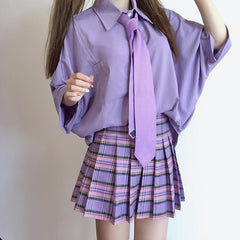 Purple Shirt Plaid Pleated Skirt Set