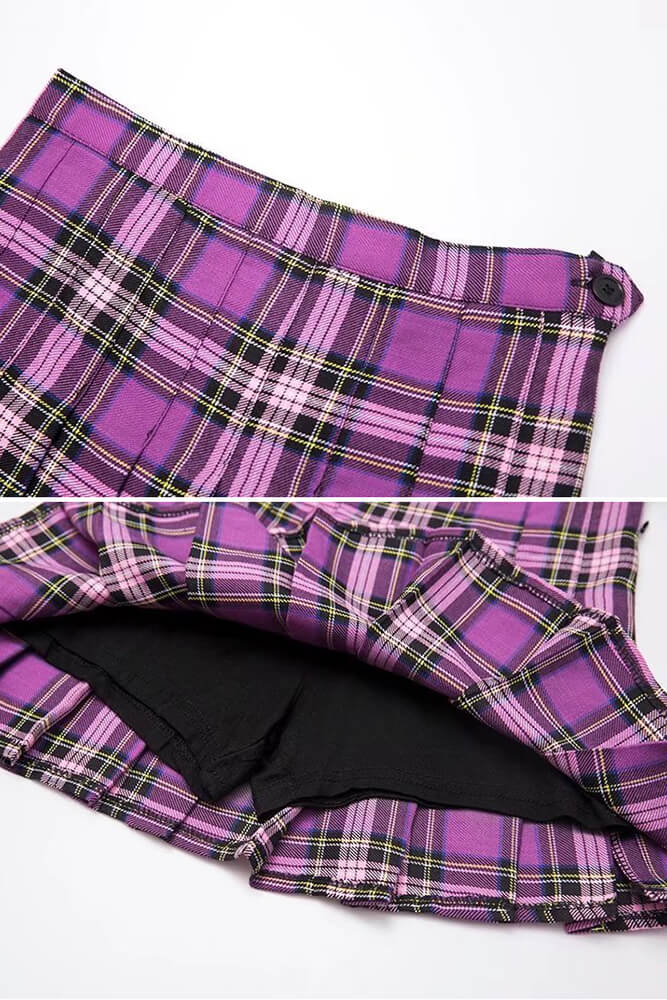 Purple Shirt Plaid Pleated Skirt Set