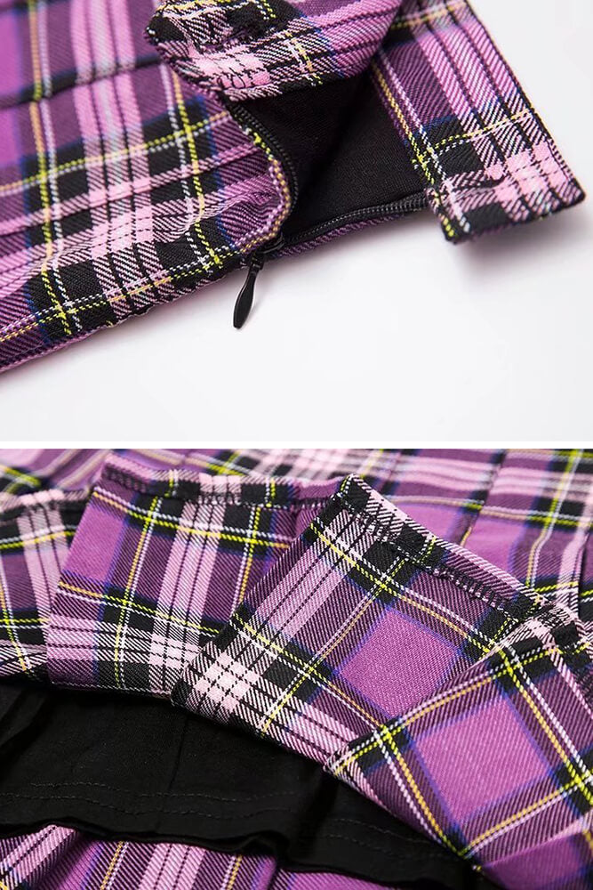 Purple Shirt Plaid Pleated Skirt Set