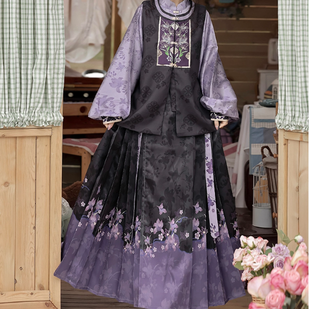 Purple Flower Skirt Blouse Set