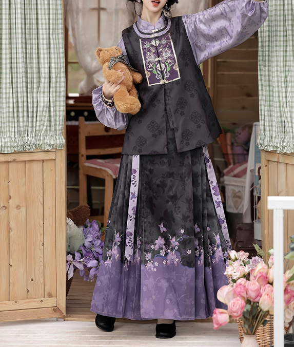 Purple Flower Skirt Blouse Set