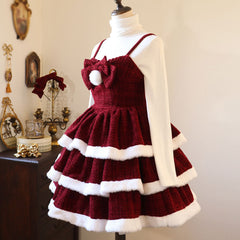 Red Plush Bow Dress Cape Set