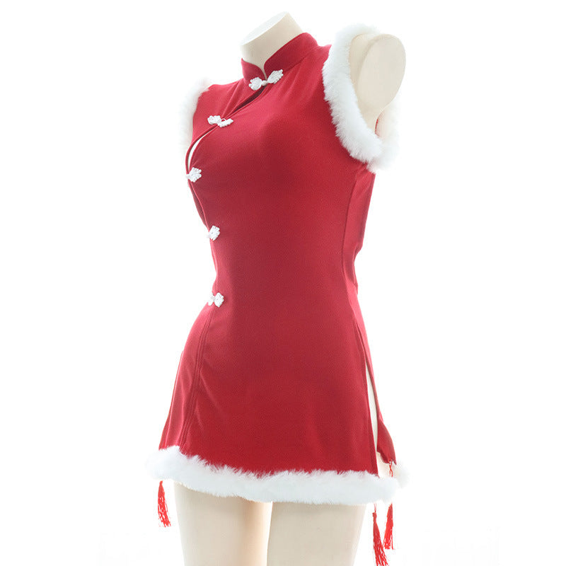 Red Plush Cheongsam Dress