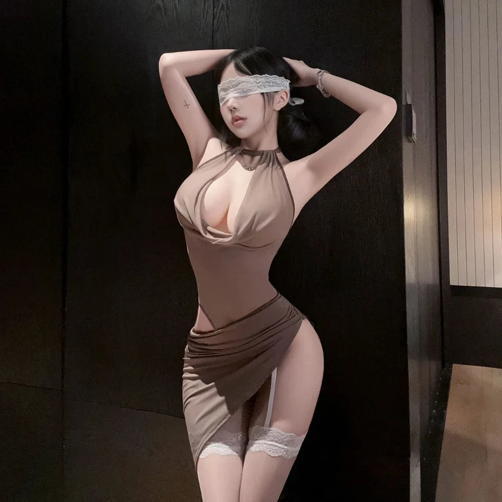 Deep V Jumpsuit Skirt Role-playing Flirting Office Tempting Secretary Cosplay Costumes Charm Bodysuit Skirt