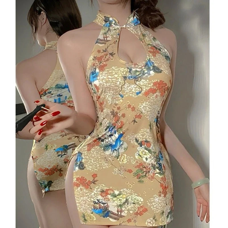 Lingerie Cheongsam Skirt Seductive Printed High Retro Improve Sleepwear Exotic Charm Costumes