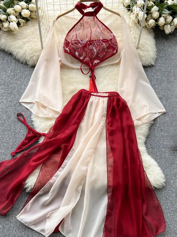 Red Traditional Perspective Lingerie Cosplay Soft Robe Chemise Chiffon Sleepwear NightHanfu Fairy Dress