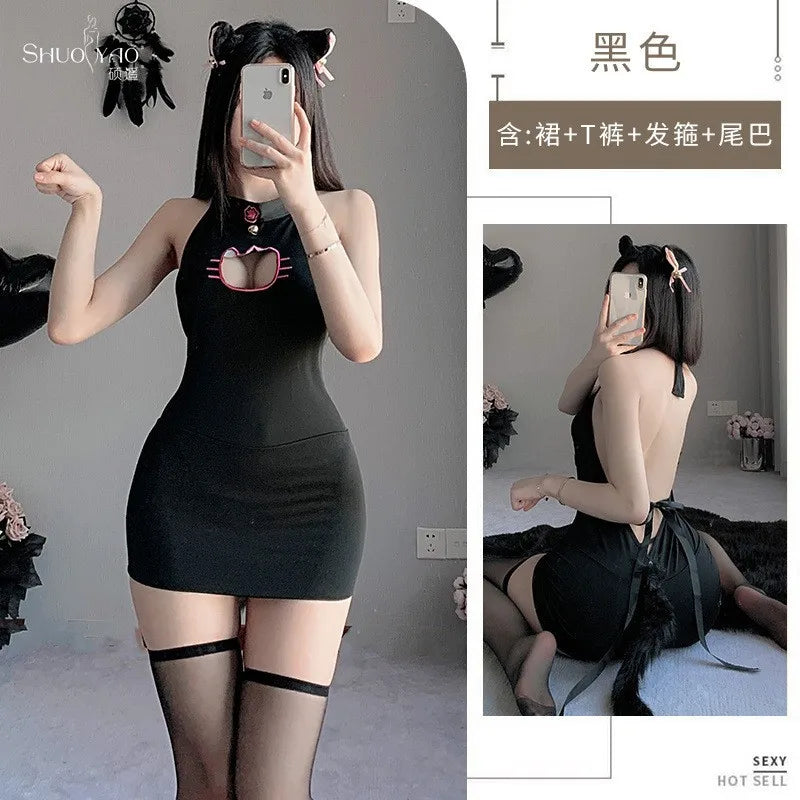 Cute Cat Erotic Night Backless Nightwear Female Hollow Out Pajamas Couple Game Temptation