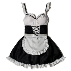 Maid Costume Outfit Black White Ruffle Sleeveless Suspender Apron
