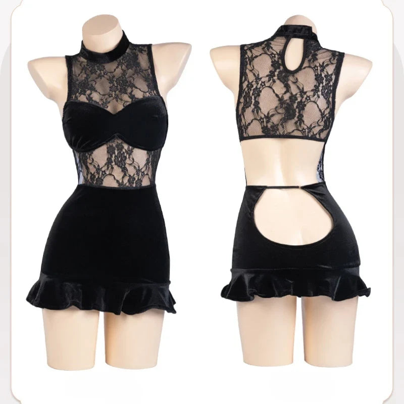 Transparent Cheongsam Backless Hollow Out Lace Short Skirt Retro Improve Exotic Charm Costume