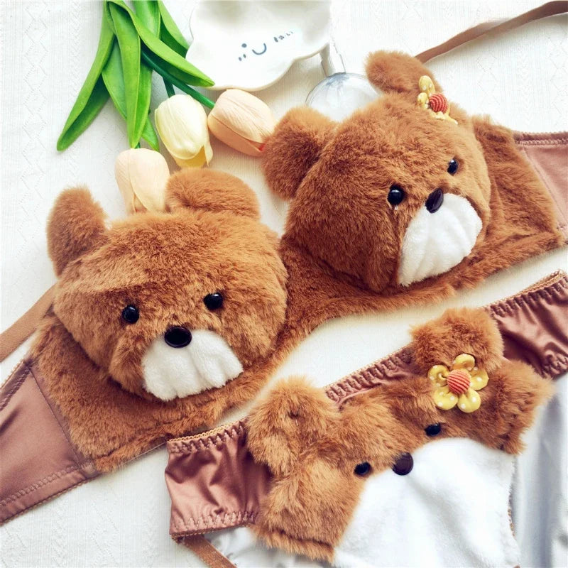 Plush Underwear Flower Briefs Cute Cartoon Comfortable Steel Ring Free Lingerie Underpants Set
