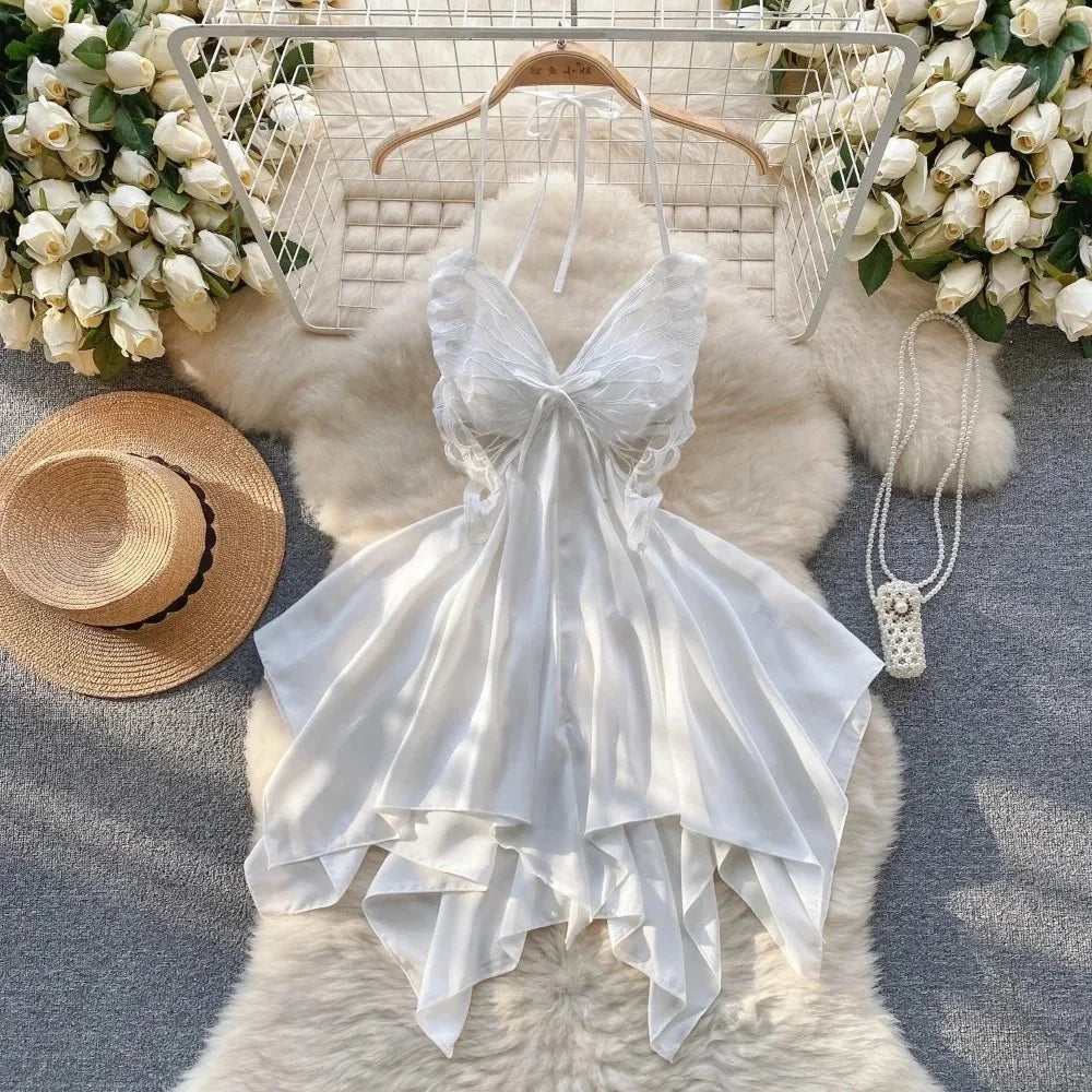 Halter Butterfly Lace Satin Nightgown Irregular Hem Homewear
