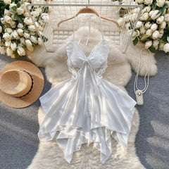 Halter Butterfly Lace Satin Nightgown Irregular Hem Homewear