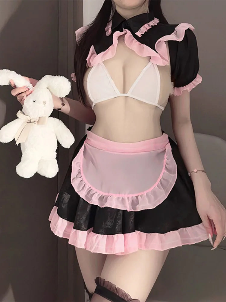 Alluring French Maid Costume Lingerie Outfit Ruffled Apron Headband Cosplay Party Fancy Exotic