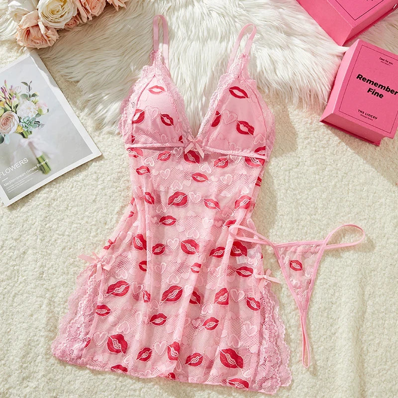 Suspender Sleeping Printed Patchwork Lace Slit NightSet Babydoll Erotic Underwear Festival Gift