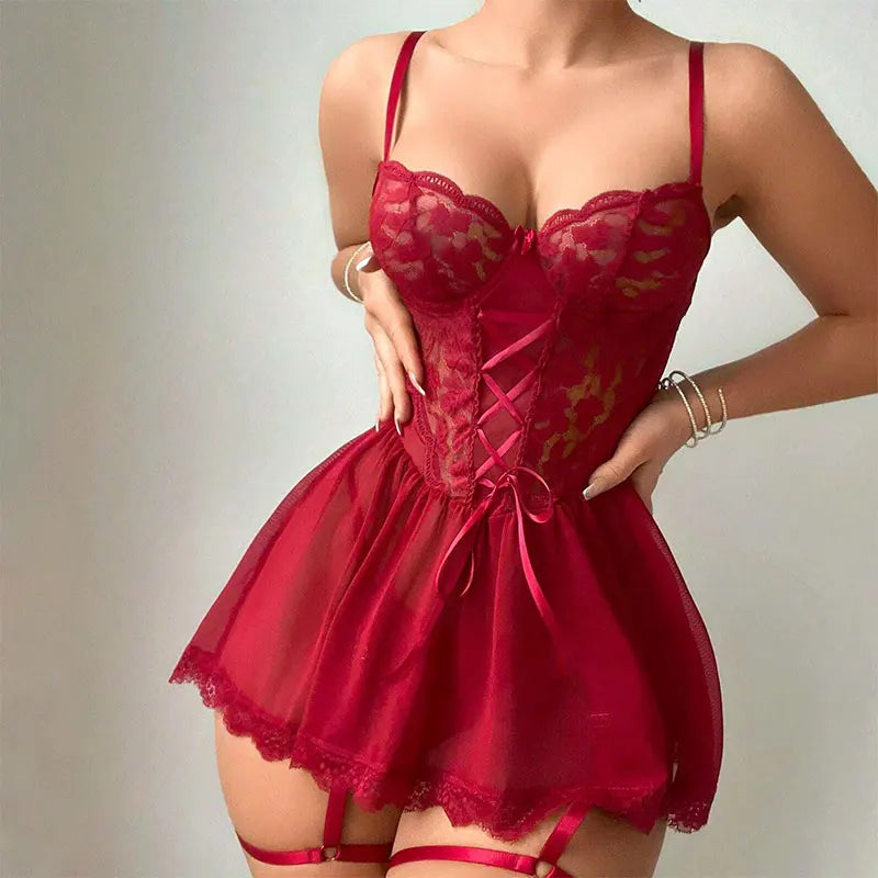Red Erotic Bra Panties Suit Sheer Night Lingerie 3 Piece Lace Bras Leg Ring Set