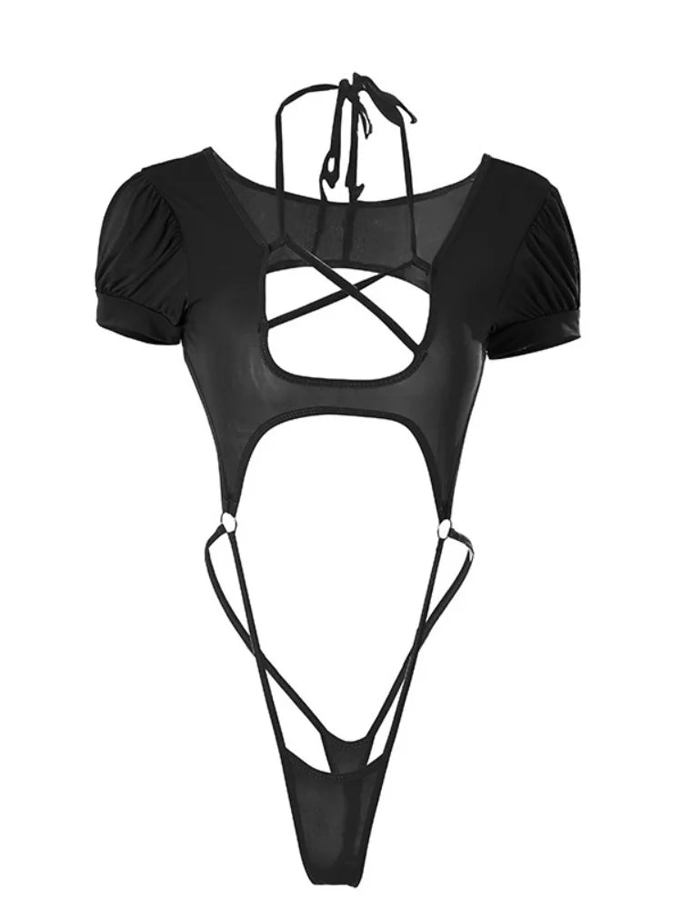 Pentagram Cutout Bodysuit Puff Sleeve Choker Neck One-Piece Bodysuit Side Strap Hollow Out