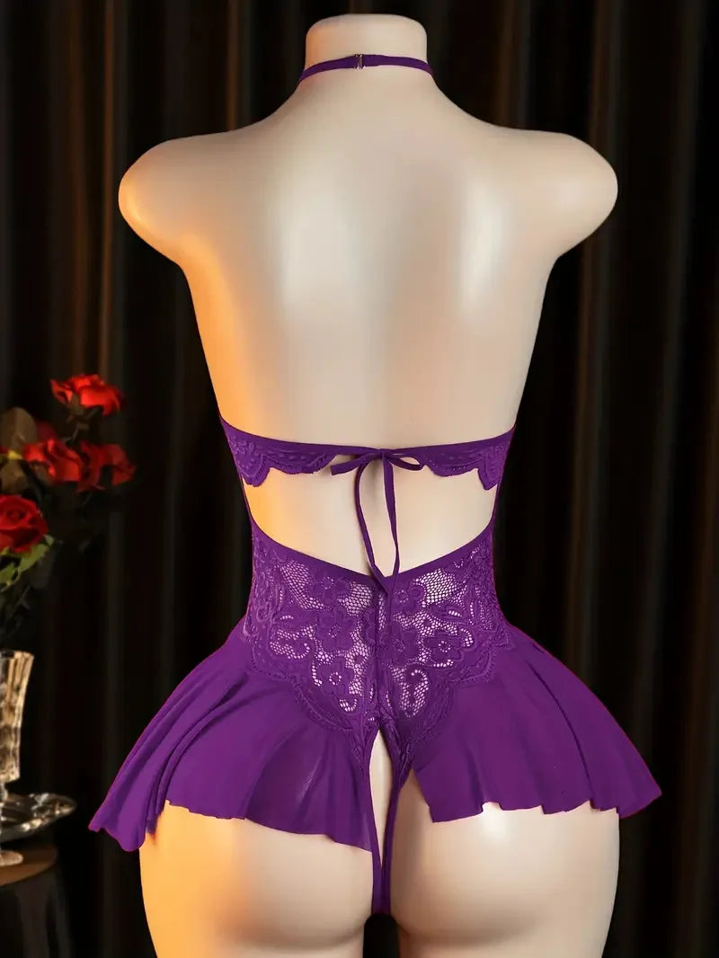 Purple Halter Crotchless Lingerie Front Buckle Bra Hot Drees Lace Up Backless Open Underwear Female Bodysuit