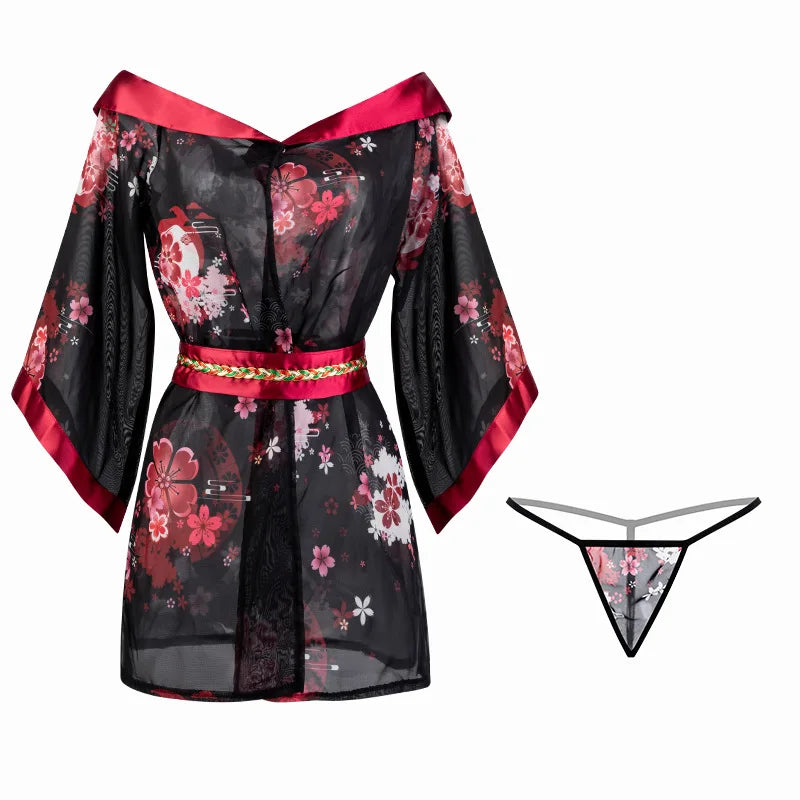 Flower Printing Kimono Traditional Pajamas Erotic Lingerie Bathrobe Nightgowns Perspective Sleepwear