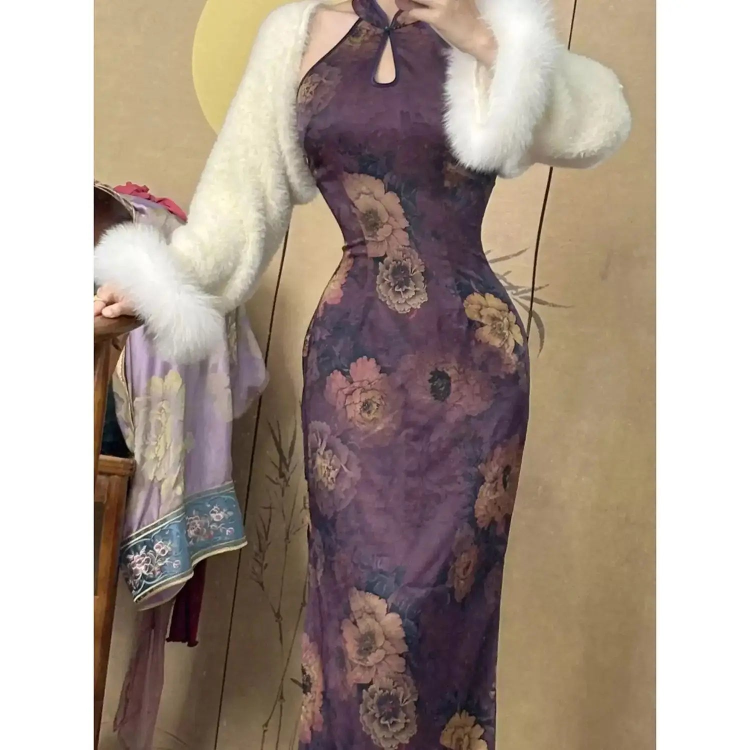 Style High Waist Improved Printed Traditional Slimming Cheongsam Skirt Purple