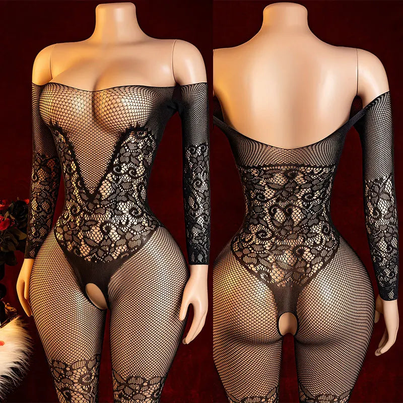 Big Bare Shoulders Crotchless Full Body Socks Desire Night Bold Exquisite Underwear Lingerie Long Sleeve Bodysuit