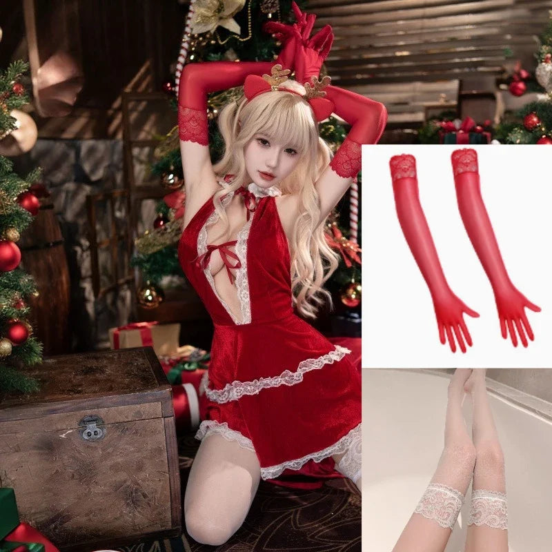 Roleplay Christmas Lingerie Lace Velvet Backless Halter Skirt Santa Claus Cosplay Costumes Elegant Set