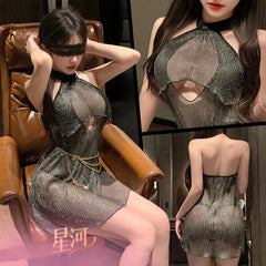 Erotic Hollow Perspective Pajamas Playful Shiny Nightclub Queen Temptation Halter Skirt  Backless