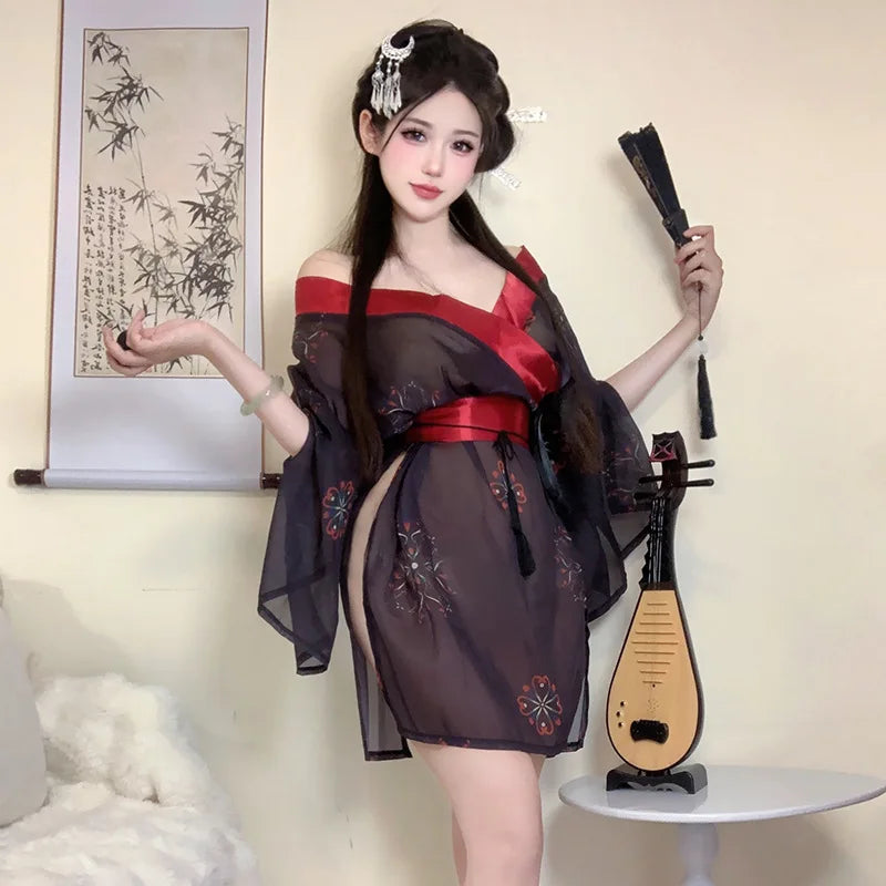 Erotic Lingerie Kimono Cute Printed Pajama Bathrobe Set