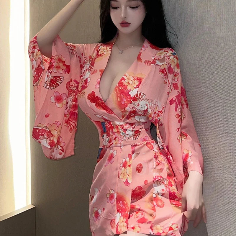 Sakura Kimono Bathrobe Hot Temptation Pajamas Nightclub Erotic Dancer Cosplay Costume Home Sleepwear