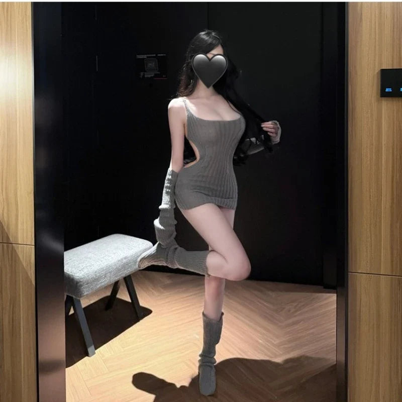 Backless Bandage Sweater Spicy Deep V Straps Erotic Lingerie Hip Hugging Skirt Home 3 Colors