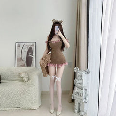 Cat Lingerie Off Shoulder Sot Plush Fairy Maidservant Little Bear Sweet Lolita Pajama Dress