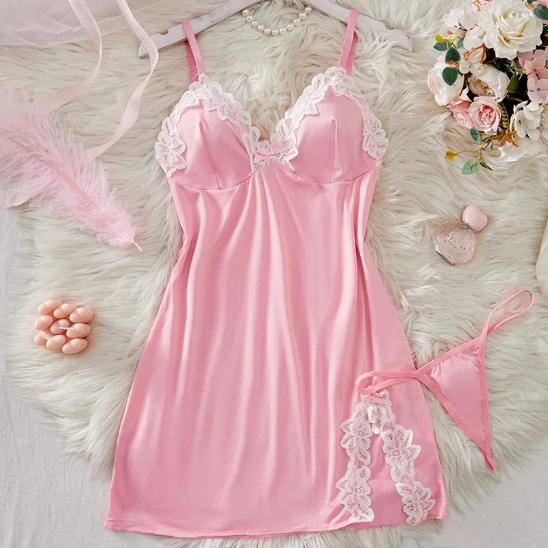 Suspender Sleeping Printed Patchwork Lace Slit NightSet Babydoll Erotic Underwear