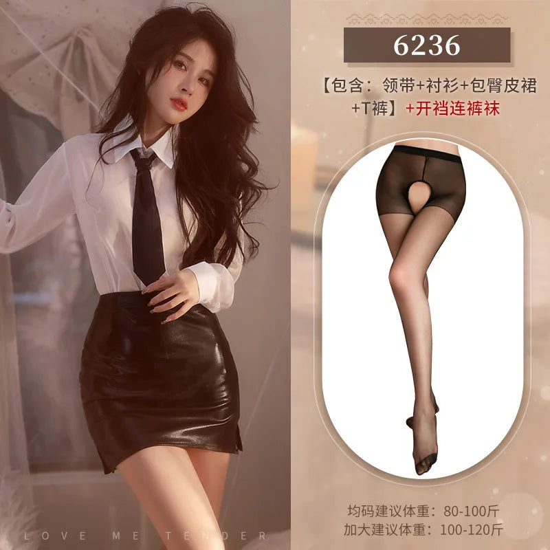 Lingerie OL Secretary Flirt School Teacher Exotic Cosplay Costumes Office Lady Long Sleeve Top Mini Skirt